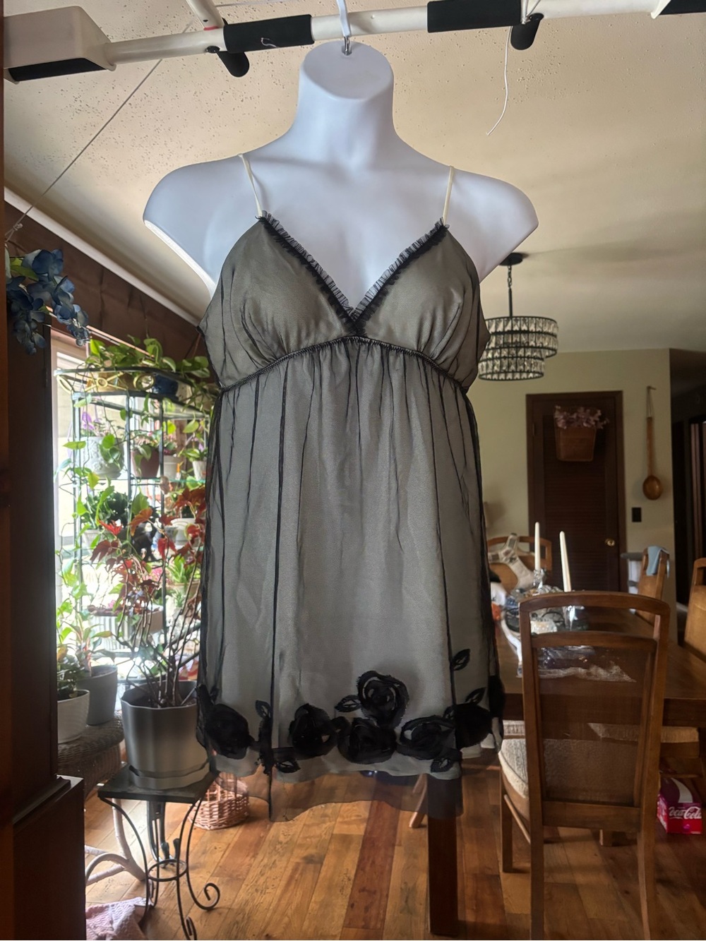 Ivy & Annabelle Sheer Grey Babydoll Chemise with Black Floral Trim Size XL
